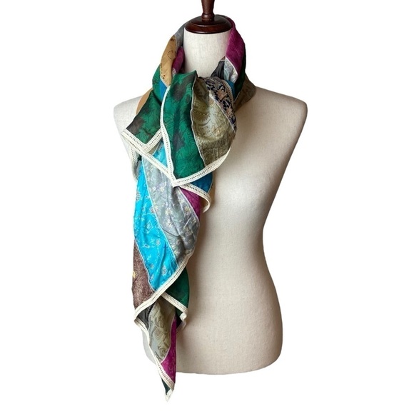 NWT Colorful Silk Sari handmade Square Stripe recycled scarf cotton & ra… - Picture 2 of 6